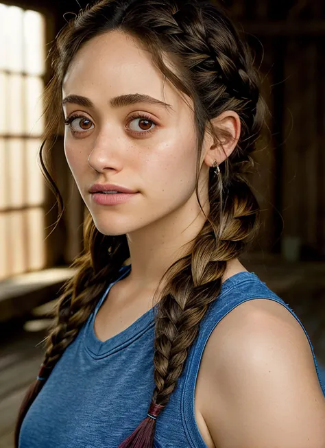 portrait of Emmy Rossum, proud , wearing casual wear , with dark brown Fishtail braid , background barn epic (photo, studio lighting, hard light, sony a7, 50 mm, matte skin, pores, colors, hyperdetailed, hyperrealistic),  <lyco:Emmy RossumV2:1.2>