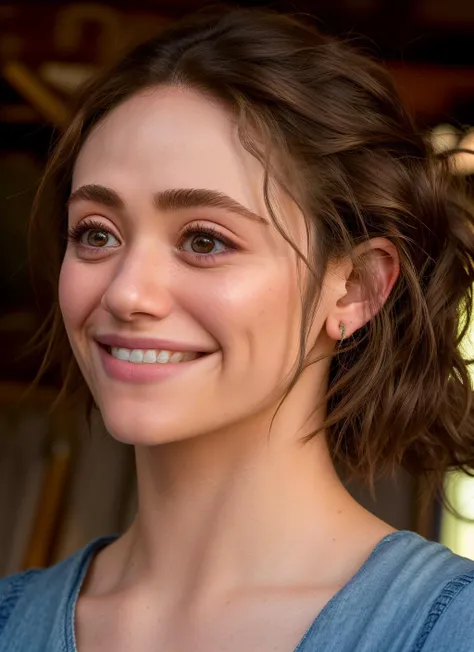 portrait of Emmy Rossum, smiling , wearing suit , with ash brown Layered haircut , background barn epic (photo, studio lighting, hard light, sony a7, 50 mm, matte skin, pores, colors, hyperdetailed, hyperrealistic), <lyco:Emmy RossumV2:1.2>