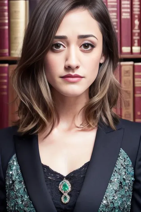 portrait of Emmy Rossum, angry , wearing formal wear , with dark blonde Layered haircut , background library epic (photo, studio lighting, hard light, sony a7, 50 mm, matte skin, pores, colors, hyperdetailed, hyperrealistic), <lyco:Emmy RossumV2:1.2>