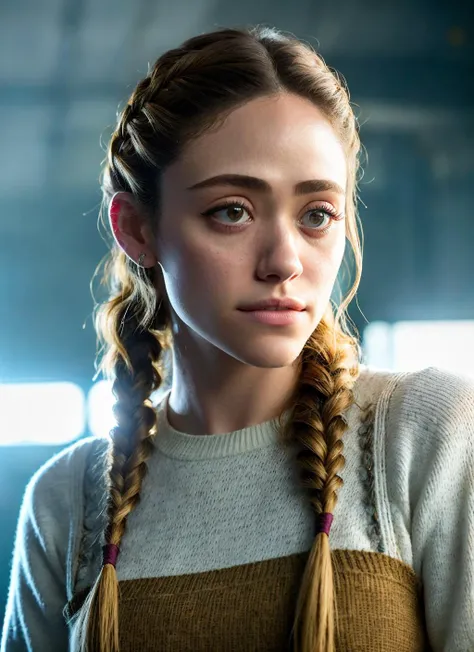 portrait of Emmy Rossum, regretful , wearing tailored , with honey blonde Fishtail braid , background gothic epic (photo, studio lighting, hard light, sony a7, 50 mm, matte skin, pores, colors, hyperdetailed, hyperrealistic), <lyco:Emmy Rossum:1.1>