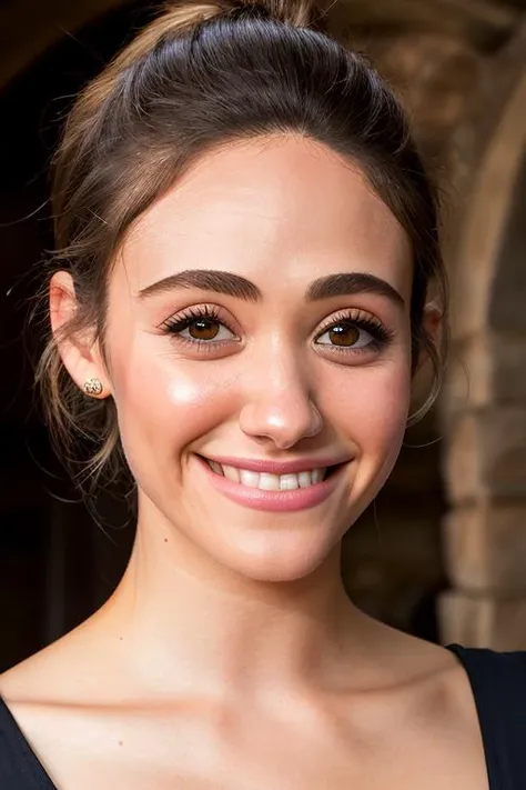 portrait of Emmy Rossum, smiling , wearing designer wear , with ash brown Ponytail , background medieval village epic (photo, studio lighting, hard light, sony a7, 50 mm, matte skin, pores, colors, hyperdetailed, hyperrealistic), <lyco:Emmy RossumV2:1.2>