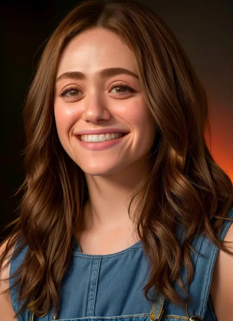 portrait of Emmy Rossum, smiling , wearing overalls , with red Shag haircut , background fire epic (photo, studio lighting, hard light, sony a7, 50 mm, matte skin, pores, colors, hyperdetailed, hyperrealistic), <lyco:Emmy RossumV2:1.2>