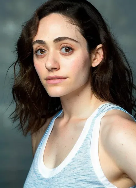 portrait of Emmy Rossum, nervous , wearing t-shirt , with black Curtain bangs , background ocean epic (photo, studio lighting, hard light, sony a7, 50 mm, matte skin, pores, colors, hyperdetailed, hyperrealistic),  <lyco:Emmy RossumV2:1.2>