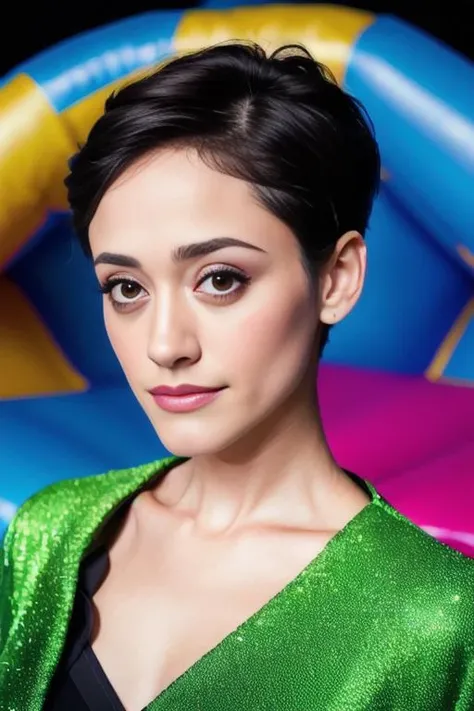 portrait of Emmy Rossum, miserable , wearing runway fashion , with green Pixie cut , background bouncy castle epic (photo, studio lighting, hard light, sony a7, 50 mm, matte skin, pores, colors, hyperdetailed, hyperrealistic), <lyco:Emmy Rossum:1.2>