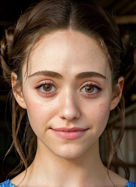 portrait of Emmy Rossum, happiness , wearing haute couture garments , with medium brown Half-up, half-down hairstyle , background chicken coop epic (photo, studio lighting, hard light, sony a7, 50 mm, matte skin, pores, colors, hyperdetailed, hyperrealistic),  <lyco:Emmy RossumV2:1.2>