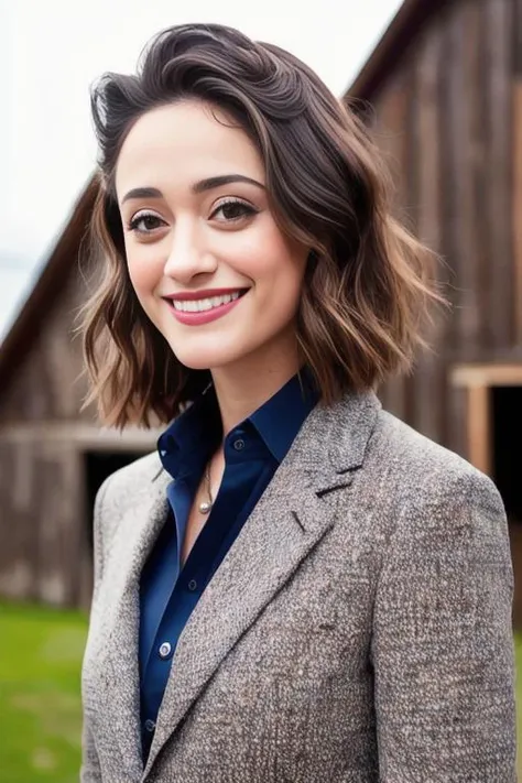 portrait of Emmy Rossum, smiling , wearing suit , with ash brown Layered haircut , background barn epic (photo, studio lighting, hard light, sony a7, 50 mm, matte skin, pores, colors, hyperdetailed, hyperrealistic), <lyco:Emmy RossumV2:1.2>