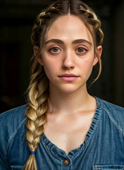 portrait of Emmy Rossum, :3 , wearing embroidered , with dirty blonde Side braid , background prison epic (photo, studio lighting, hard light, sony a7, 50 mm, matte skin, pores, colors, hyperdetailed, hyperrealistic),  <lyco:Emmy RossumV2:1.2>