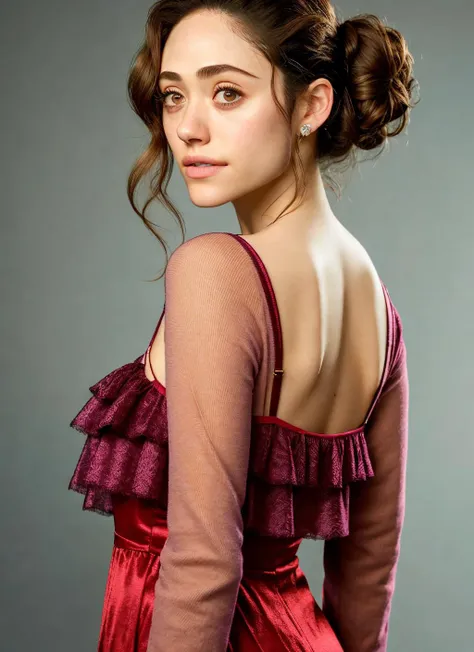 portrait of Emmy Rossum, afraid , wearing cocktail dress , with brown Half-up, half-down hairstyle , background factory epic (photo, studio lighting, hard light, sony a7, 50 mm, matte skin, pores, colors, hyperdetailed, hyperrealistic), <lyco:Emmy Rossum:1.1>