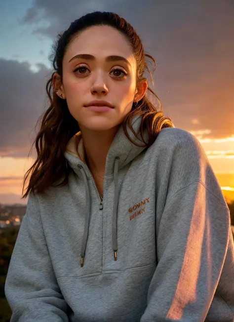 portrait of Emmy Rossum, bored , wearing tracksuit , with copper Choppy layers , background sunset epic (photo, studio lighting, hard light, sony a7, 50 mm, matte skin, pores, colors, hyperdetailed, hyperrealistic), <lyco:Emmy Rossum:1.1>