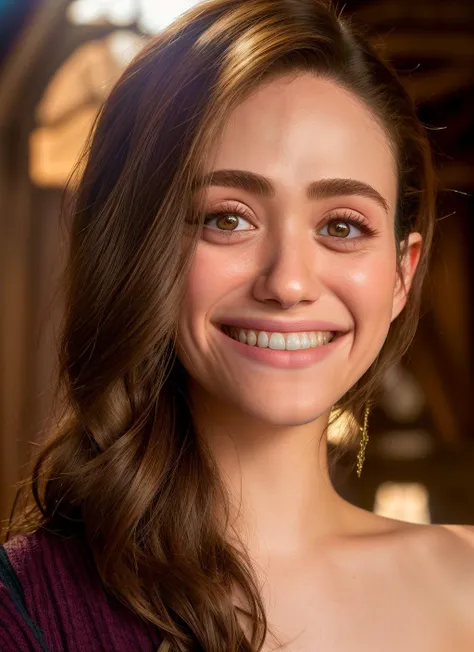 portrait of Emmy Rossum, smiling , wearing designer wear , with ash brown Ponytail , background medieval village epic (photo, studio lighting, hard light, sony a7, 50 mm, matte skin, pores, colors, hyperdetailed, hyperrealistic), <lyco:Emmy RossumV2:1.2>