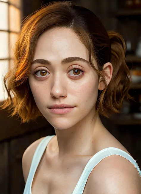 portrait of Emmy Rossum, neutral , wearing cocktail dress , with orange Bob , background hen house epic (photo, studio lighting, hard light, sony a7, 50 mm, matte skin, pores, colors, hyperdetailed, hyperrealistic),  <lyco:Emmy RossumV2:1.2>