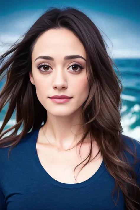 portrait of Emmy Rossum, nervous , wearing t-shirt , with black Curtain bangs , background ocean epic (photo, studio lighting, hard light, sony a7, 50 mm, matte skin, pores, colors, hyperdetailed, hyperrealistic), <lyco:Emmy RossumV2:1.2>