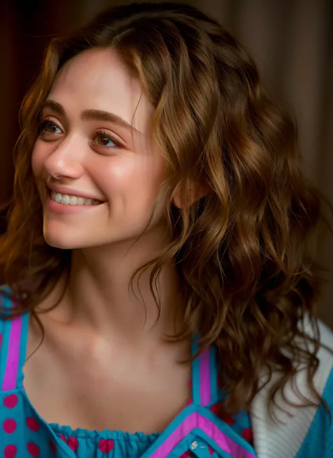 portrait of Emmy Rossum, smiling , wearing nightwear , with ash blonde Curtain bangs , background bathroom epic (photo, studio lighting, hard light, sony a7, 50 mm, matte skin, pores, colors, hyperdetailed, hyperrealistic), <lyco:Emmy RossumV2:1.2>