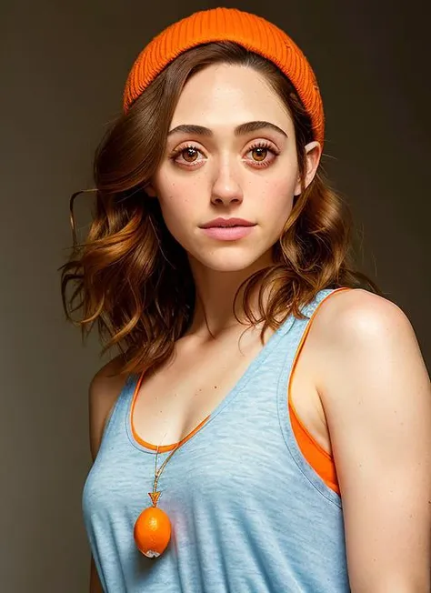 portrait of Emmy Rossum, neutral , wearing cocktail dress , with orange Bob , background hen house epic (photo, studio lighting, hard light, sony a7, 50 mm, matte skin, pores, colors, hyperdetailed, hyperrealistic),  <lyco:Emmy RossumV2:1.2>