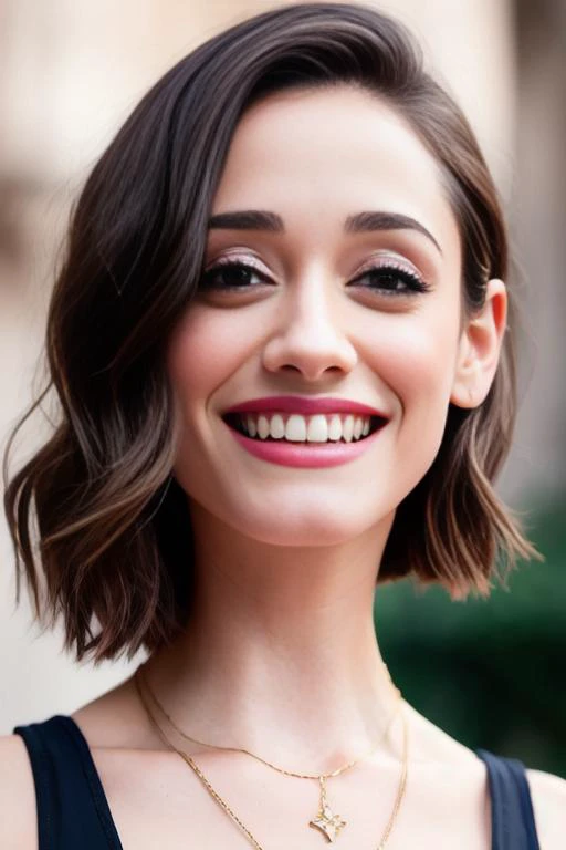 portrait of Emmy Rossum, smiling , wearing top , with dark blonde A-line haircut , background colosseum epic (photo, studio lighting, hard light, sony a7, 50 mm, matte skin, pores, colors, hyperdetailed, hyperrealistic), <lyco:Emmy RossumV2:1.2>