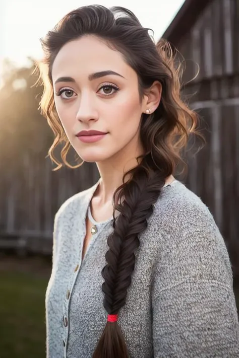 portrait of Emmy Rossum, proud , wearing casual wear , with dark brown Fishtail braid , background barn epic (photo, studio lighting, hard light, sony a7, 50 mm, matte skin, pores, colors, hyperdetailed, hyperrealistic), <lyco:Emmy RossumV2:1.2>