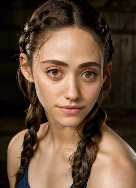 portrait of Emmy Rossum, proud , wearing casual wear , with dark brown Fishtail braid , background barn epic (photo, studio lighting, hard light, sony a7, 50 mm, matte skin, pores, colors, hyperdetailed, hyperrealistic),  <lyco:Emmy RossumV2:1.2>