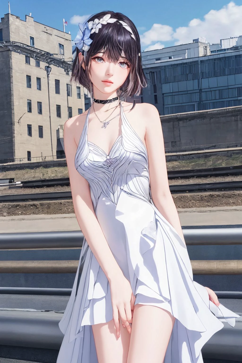 (extremely detailed CG unity 8k wallpaper,masterpiece, best quality, ultra-detailed, beautiful detailed eyes:1.2), five fingersxier, 1girl, solo, hair ornament, seele vollerei, sleeveless dress, white dress, outdoors, bare shoulders, bangs, sleeveless, purple hair, blue eyes, sitting, train station, in spring, arms behind back, <lora:xier_20230623165843-000010:0.8>