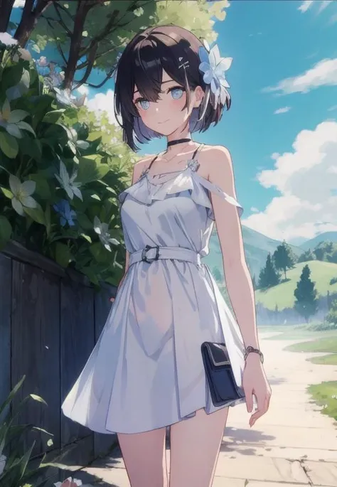 masterpiece, best quality, winter, snow field, xier,1girl, seele vollerei, dress, looking at viewer, bangs, cloudy sky, blue eyes, hair ornament, holding, short hair, bare shoulders, outdoors, closed mouth, blue hair, weapon, holding weapon, white dress, smile, barefoot, hair between eyes, sleeveless dress, solo, sky, sun, mountain, forest, lake,