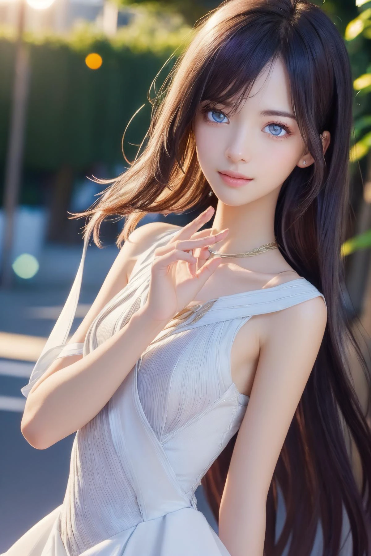(((pale and lustrous skin, realistic, photo-realistic, photorealistic))):1.4, best quality, masterpiece, portrait, a photography of a beautiful girl, detailed face, seductive smile, (blush:1.2), (extremely detailed CG unity 8k wallpaper,masterpiece, best quality, ultra-detailed, beautiful detailed eyes:1.2), five fingersxier, 1girl, solo, hair ornament, seele vollerei, sleeveless dress, white dress, outdoors, bare shoulders, bangs, sleeveless, purple hair, blue eyes, pov, (((depth of field))),
<lora:xier_20230623165843-000010:0.7:MIDDS> vivid,detailed, realistic, beautiful, stunning lighting, stunning reflections, sun rise, bokeh mood,