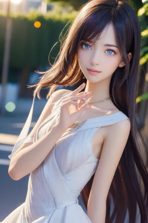 (((pale and lustrous skin, realistic, photo-realistic, photorealistic))):1.4, best quality, masterpiece, portrait, a photography of a beautiful girl, detailed face, seductive smile, (blush:1.2), (extremely detailed CG unity 8k wallpaper,masterpiece, best quality, ultra-detailed, beautiful detailed eyes:1.2), five fingersxier, 1girl, solo, hair ornament, seele vollerei, sleeveless dress, white dress, outdoors, bare shoulders, bangs, sleeveless, purple hair, blue eyes,  pov, (((depth of field))), 
<lora:xier_20230623165843-000010:0.7:MIDDS> vivid,detailed, realistic, beautiful, stunning lighting, stunning reflections, sun rise, bokeh mood,