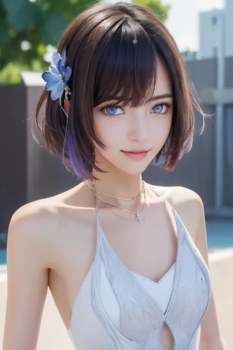 (((pale and lustrous skin, realistic, photo-realistic, photorealistic))):1.4, best quality, masterpiece, portrait, a photography of a beautiful girl, detailed face, naughty smile, (blush:1.2), (extremely detailed CG unity 8k wallpaper,masterpiece, best quality, ultra-detailed, beautiful detailed eyes:1.2), five fingersxier, 1girl, solo, hair ornament, seele vollerei, sleeveless dress, white dress, outdoors, bare shoulders, bangs, sleeveless, purple hair, blue eyes,  pov, (((depth of field))), 
<lora:xier_20230623165843-000010:0.7:MIDDS> vivid,detailed, realistic, beautiful, stunning lighting, stunning reflections, sun rise, bokeh mood,