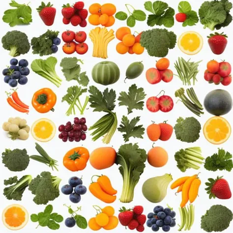 a variety of fruits and vegetables are arranged on a white background, Chris LaBrooy, highly detailed digital art, a 3D render, postminimalism