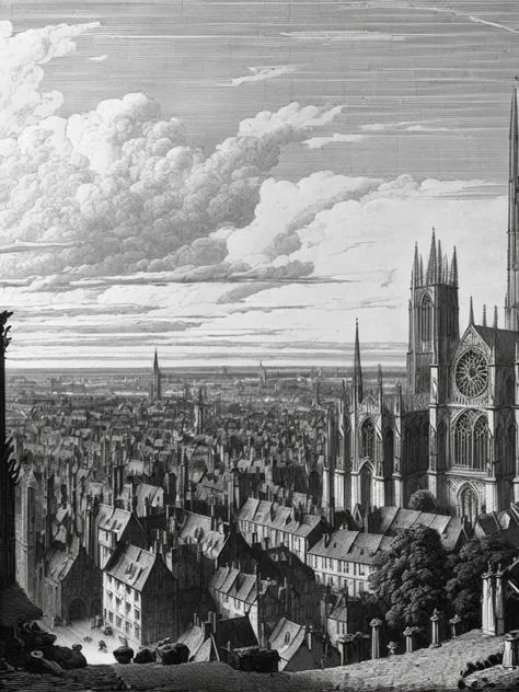 concept-art, engraving of York cathedral overlooking the city of York by Gustave dore