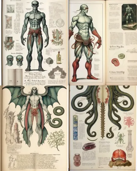 full page scan of 1800s detailed anatomy book medical, cthulhu cross_section, mysterious symbols around, text, scribbles and text-notes, ancient cthulhu anatomy watercolor illustrations,sketches, cross-section of a cthulhu body vivisection, style of Kim Jung Gi, ancient writing, old white paper, sheet page scan, Jan Matejko ADOLPHE MILLOT