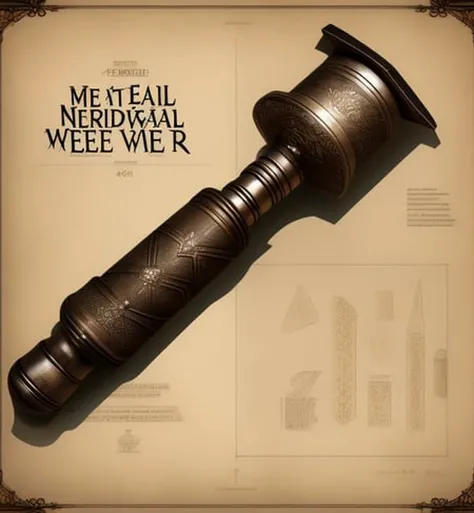 medieval weapon schematics, hammer decorated with runes, fantasy plate poster millot style, concept-art, concept_art sheet