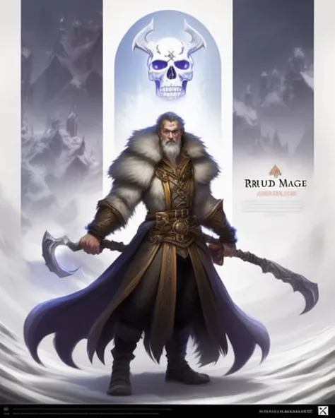 druid mage character concept sheet, illustration by concept_art, arctic scenery, snow, magical spell, intricate decorated magical staff with human skull, concept-art, concept_art sheet, jan matejko