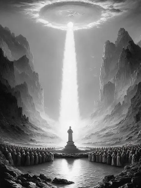 concept-art, engraving of peering into a great circle of light emanating from paradise encircled by thousands of angels and seraphim by Gustave dore