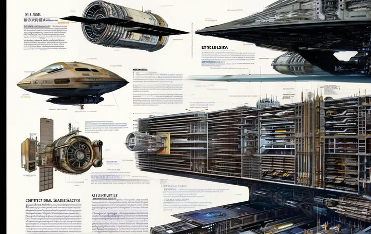 encyclopedia illustration space station side view construction cross-section schematics levitating in space, concept-art, megastructure, interstellar, space, sci-fi, concept_art sheet, jan matejko, encyclopedia plate poster, ADOLPHE MILLOT and Giger