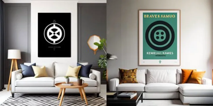 tropical boho living room, unique logos a large poster with minimalistic brave sharp geometric Kamon crest, Bauhaus