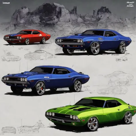 PlanIt, 1970 dodge challenger, multiple views, concept-art
