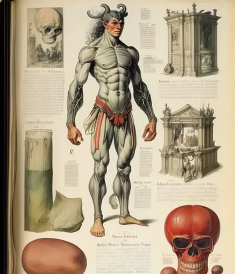 full page scan of 1800s detailed anatomy book medical, mysterious symbols around, text, scribbles and text-notes, ancient demon anatomy watercolor illustrations, cross-section of a demon body vivisection, style of Kim Jung Gi, ancient writing, old white paper, sheet page scan, Jan Matejko ADOLPHE MILLOT