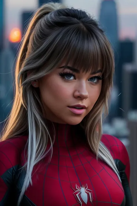a photo of (3m1ly3l1s4b3th:0.99) a woman as (spiderman from marvel:1.2), wearing a spiderman outfit, in city rooftops, (masterpiece:1.2), (photorealistic:1.2), (bokeh), (best quality), (detailed skin:1.2), (intricate details), (octane render),  (8k), (HDR), (cinematic lighting), (sharp focus), (close-up)