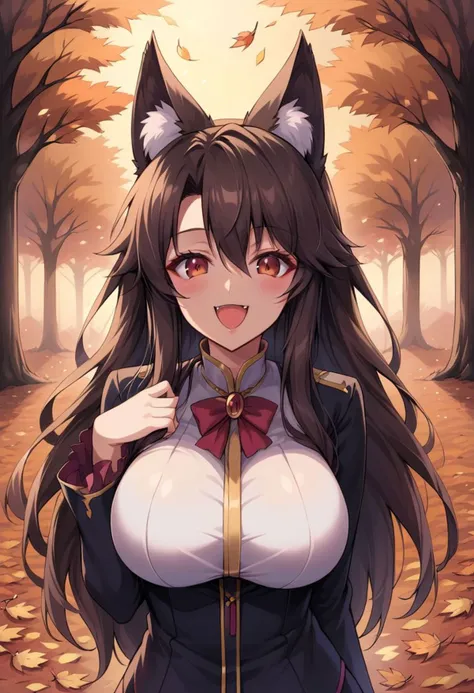 imaizumi kagerou, wolf girls, autumn, playing in leafs, happy, large breast, solo, absurdres, wolf ears, Wolf tail, looking at viewer, g0th1cxl,