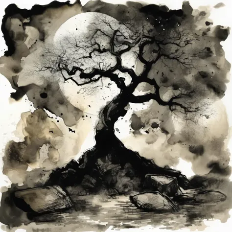 astrstica old tree on the rock, dark atmosphere, black ink <lora:astrstica:1>