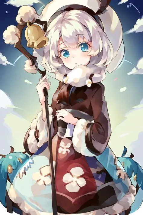 1girl, crkcotton, blue eyes, short hair, white hair, hat, dress, long sleeves, staff, bell <lora:cotton_cookie:1>