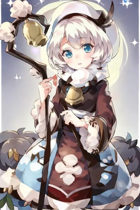 1girl, crkcotton, blue eyes, short hair, white hair, hat, dress, long sleeves, staff, bell <lora:cotton_cookie:1>