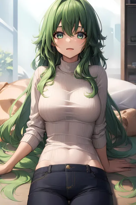 (masterpiece:1.2, best quality), (finely detailed beautiful eyes: 1.2),sorastyle, (extremely detailed CG unity 8k wallpaper, masterpiece, best quality, ultra-detailed), 1girl , green hair, very long hair, green eyes, long hair, casual clothes, oversized sweater, pants, shirt, High contrast, (best illumination, an extremely delicate and beautiful), looking at viewer,beautiful detailed glow, (beautiful detailed face, beautiful detailed eyes)