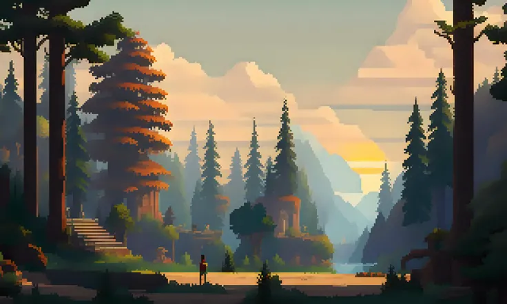 pixelart 2D stylized environment small city greek forest with trees sunny at sunset , with people walking around, fine details, award winning image, highly detailed, 16k, cinematic perspective, ((video game environment concept art style)), pretty colors, asymmetrical camera composition, cinematic environment, cinematic movie atmosphere <lora:PIXHELL_21:1>, video game poster