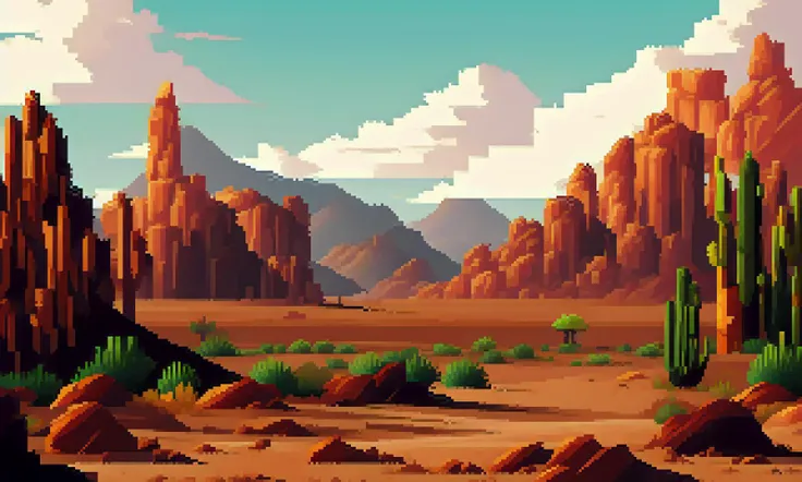 pixelart photorealistic stylized A photo of a desert landscape with red sand dunes, a cactus, and a distant mesa., video game concept art <lora:PIXHELL_21:1>