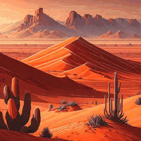 pixelart photorealistic stylized A photo of a desert landscape with red sand dunes, a cactus, and a distant mesa., video game concept art <lora:pixhell21Lora_v10:1>