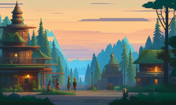 pixelart stylized environment forest city russian large city sunset at night , with people walking around, fine details, award winning image, highly detailed, 16k, cinematic perspective, ((video game environment concept art style)), pretty colors, asymmetrical camera composition, cinematic environment, cinematic movie atmosphere <lora:PIXHELL_21:1>