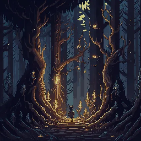 pixelart 2D stylized Create an image of a dark and forbidding forest, with twisted trees, gnarled roots, and eerie sounds. Show the creatures that live within, and the dangers that lurk in the shadows., video game concept art <lora:pixhell21Lora_v10:1>