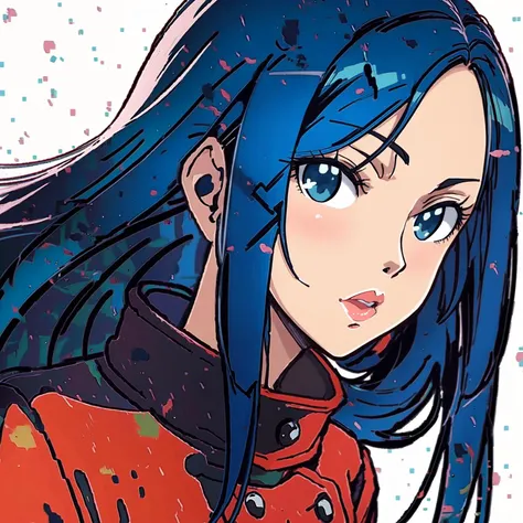 a woman with blue hair and a red jacket on a white background with a blue background and a red jacket on, Ai-Mitsu, anime art style, a manga drawing, computer art,
<lora:Sophine001:0.7>, 
Sophine,1girl,black hair,longhair,blue eyes,red_lips_,
red jacket, skirt, high_heels,
masterpiece, portrait, looking at viewer, 
white background, 
masterpiece, detailed art, highres,