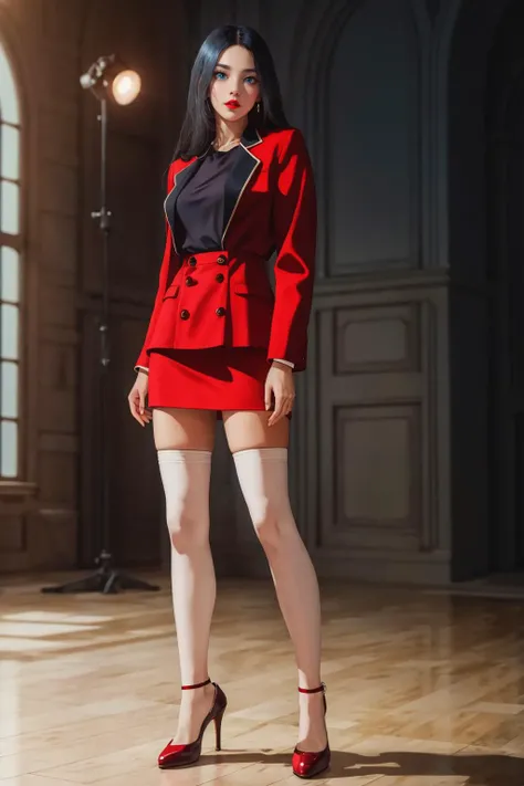 highres,absurdres,masterpiece,best quality,original,extremely detailed CG,extremely detailed wallpaper,perfect lighting,looking at viewer,bare hands,standing on stage,1girl,blurry background,
<lora:Sophine001:0.6>, Sophine,black hair,longhair,blue eyes,red_lips_,red jacket,skirt,high_heels,white shirt,black skirt,high_heels,
