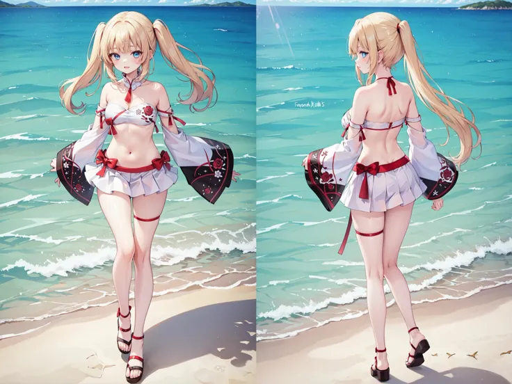 1girl,solo,<lora:twinyuki:0.6> tt,blonde hair,twintails,(blue eyes:1.2),twintails,
outdoors,ocean,sunshine
<lora:ç´«æ°´swimsuitV1:1> white bandeau, floral print, miniskirt,white skirt,detached sleeves,
full body,